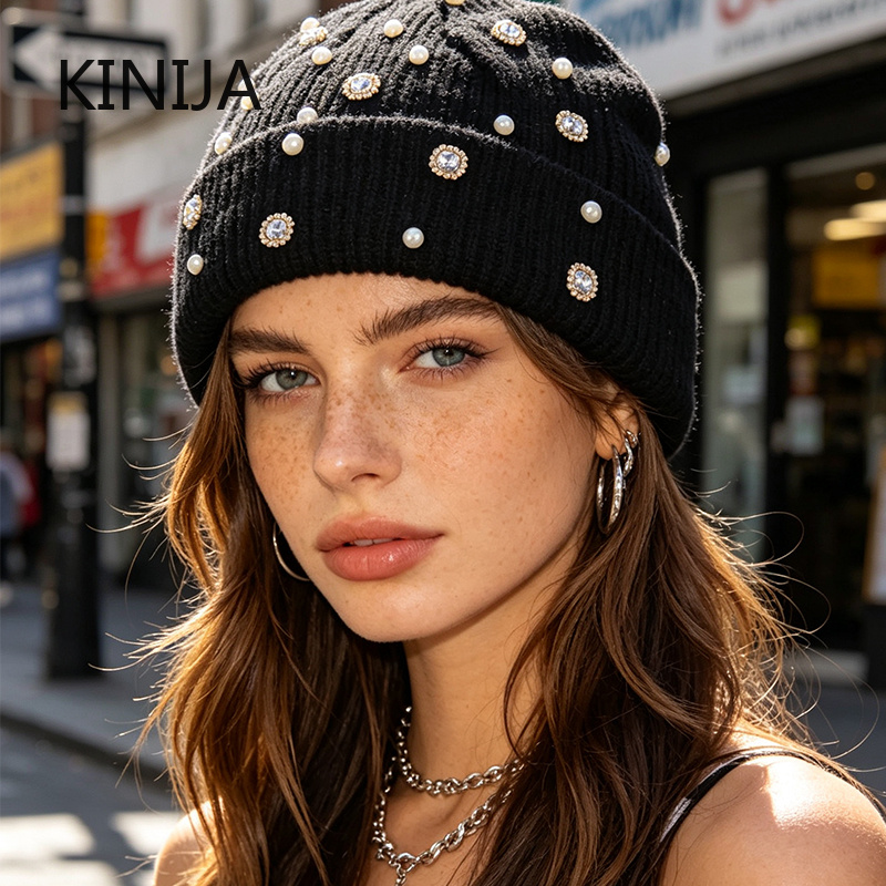 Beanie Cuffed Knit - 겨울 니트 비니 모자 진주 라인스톤