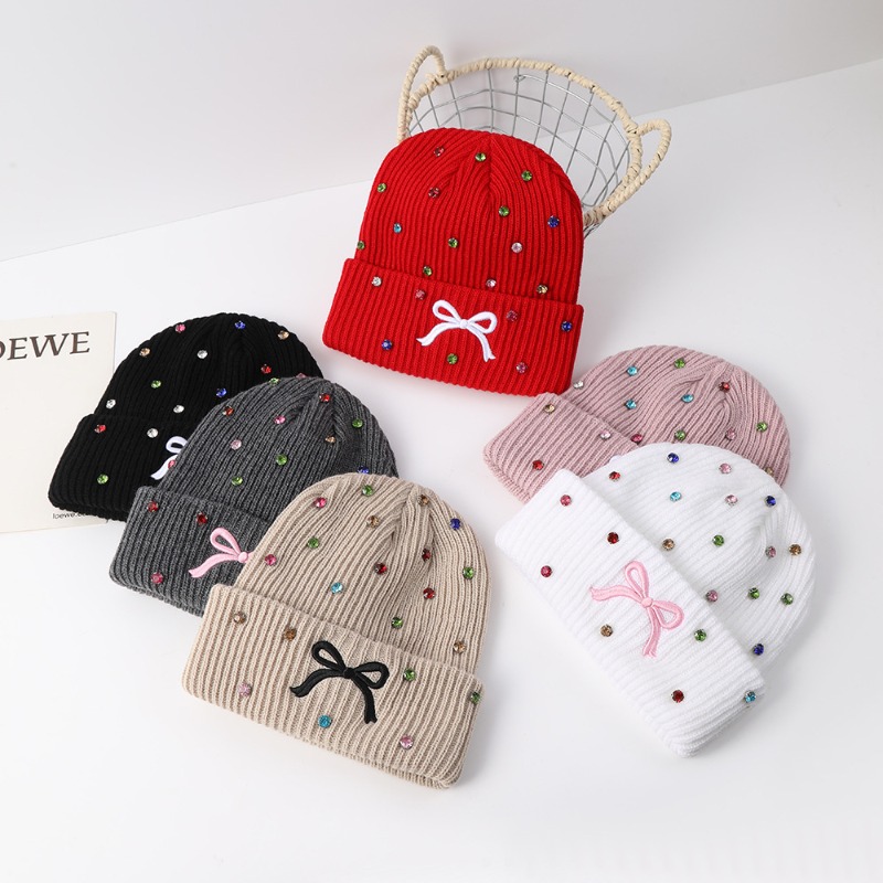 Beanie Cuffed Knit - 여성용 니트 비니 모자, 반짝이는 라인스톤과