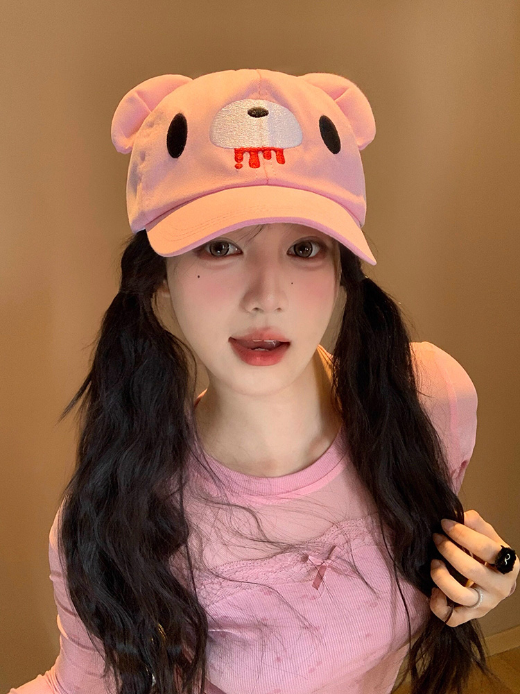 핑크 귀여운 만화 곰 귀 야구 모자 여성용 니치 스타일 - Sun Hat Wide Brim 리뷰 및 가격